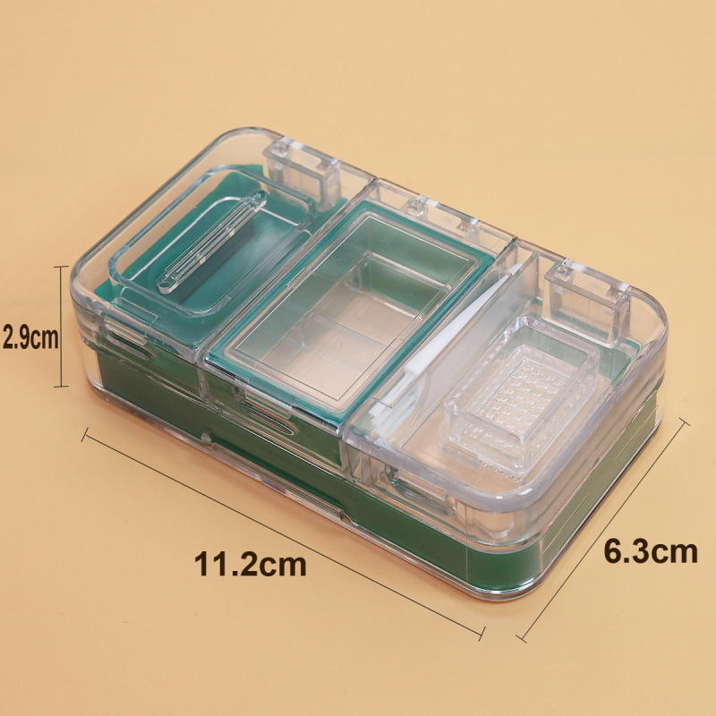 Mini kutija za tablete: troje u jedan, prenosni rezač i mljevenje s odvojenim odjeljcima; materijali: PP/PC/nerđajući čelik/silikon