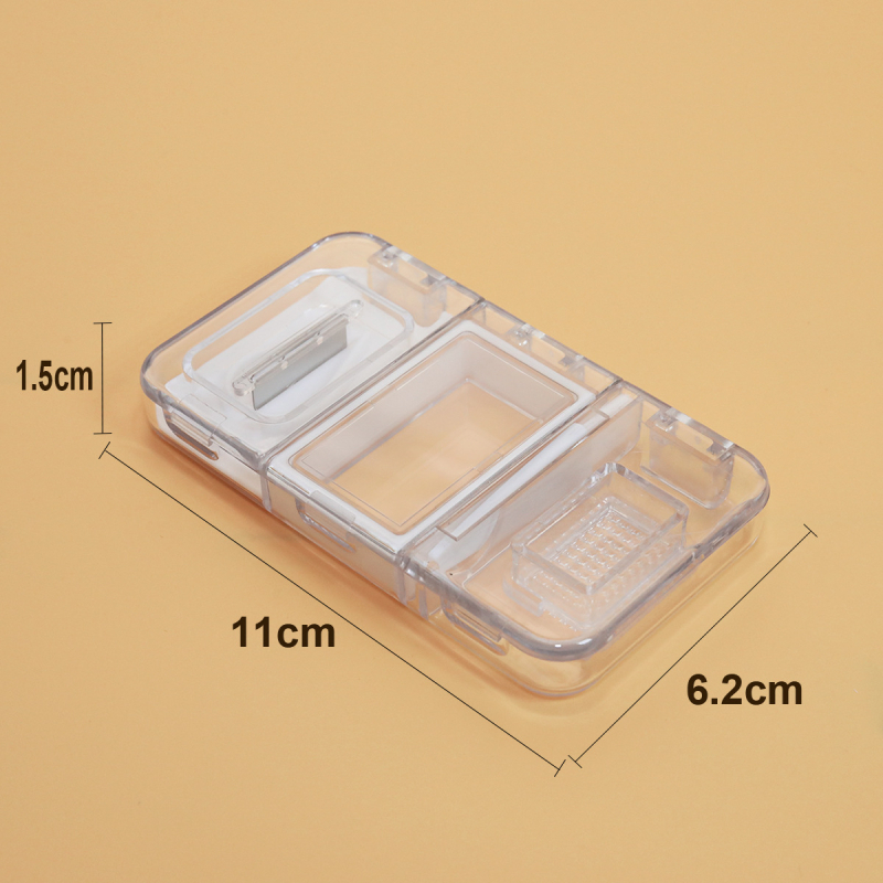 Mini kutija za tablete: troje u jedan, prenosni rezač i mljevenje s odvojenim odjeljcima; materijali: PP/PC/nerđajući čelik/silikon
