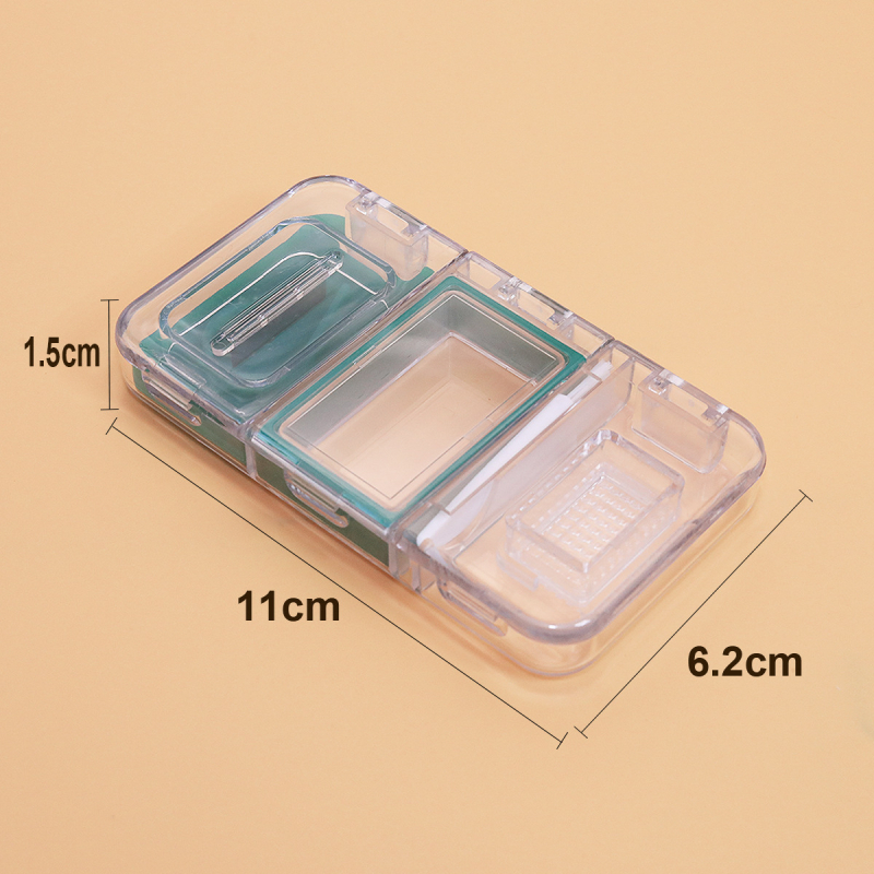 Mini kutija za tablete: troje u jedan, prenosni rezač i mljevenje s odvojenim odjeljcima; materijali: PP/PC/nerđajući čelik/silikon