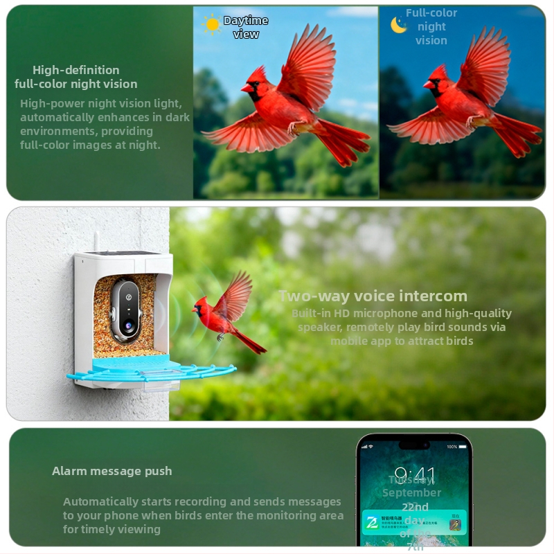 Έξυπνη τροφοδότης πουλιών με AI αναγνώριση, 2K HD κάμερα, εξωτερική ηλιακή τροφοδοσία και αδιαβροχή, Υποστήριξη εφαρμογής, Αποσπώμενος σχεδιασμός