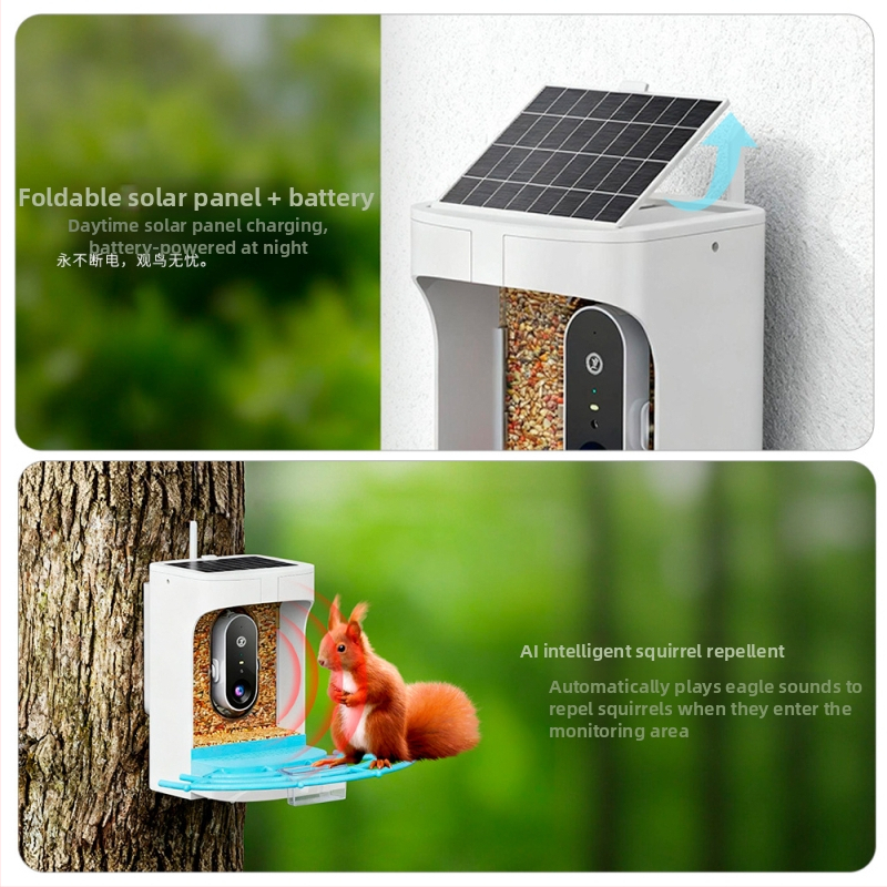 Έξυπνη τροφοδότης πουλιών με AI αναγνώριση, 2K HD κάμερα, εξωτερική ηλιακή τροφοδοσία και αδιαβροχή, Υποστήριξη εφαρμογής, Αποσπώμενος σχεδιασμός