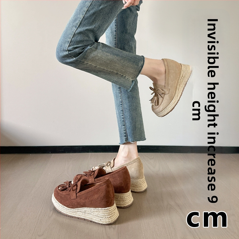 Ženske loaferice s klinom, gornji dio od nubuka, okrugli vrh, slip-on, povećanje visine za 9 cm, ribarski stil s jutenom užadi