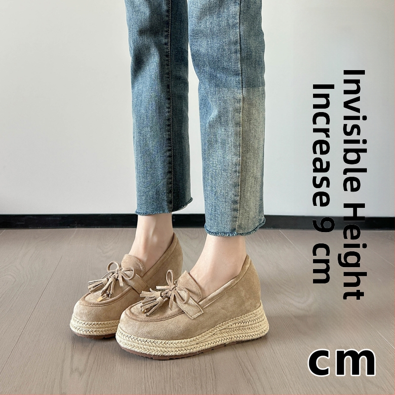 Ženske loaferice s klinom, gornji dio od nubuka, okrugli vrh, slip-on, povećanje visine za 9 cm, ribarski stil s jutenom užadi