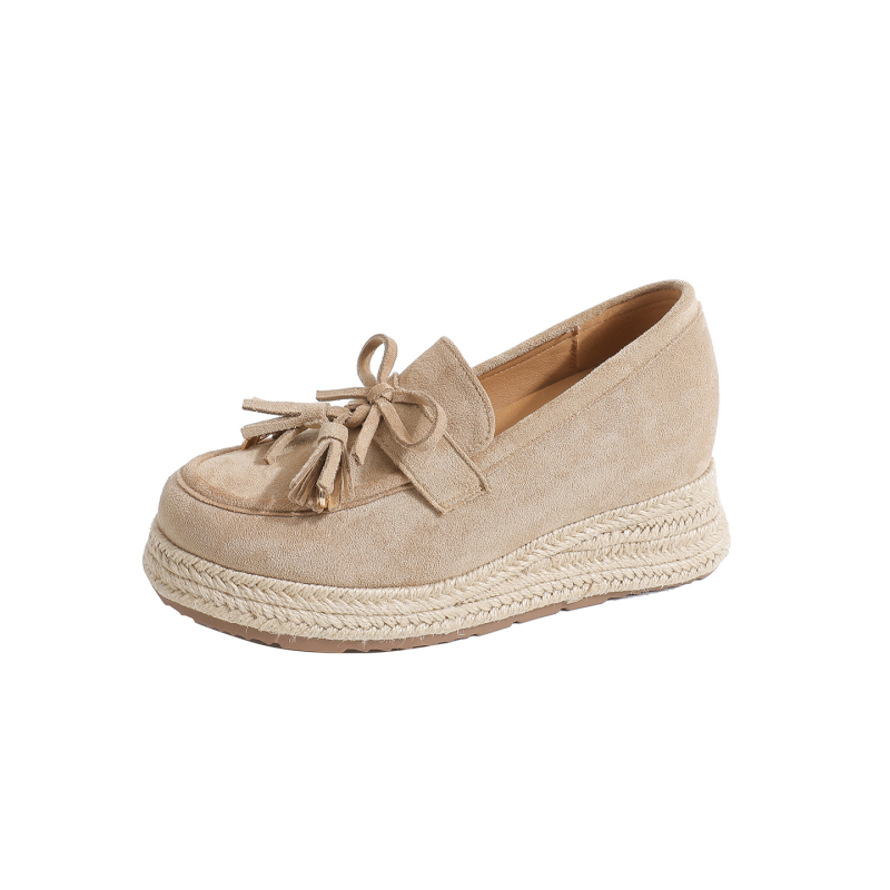 Ženske loaferice s klinom, gornji dio od nubuka, okrugli vrh, slip-on, povećanje visine za 9 cm, ribarski stil s jutenom užadi