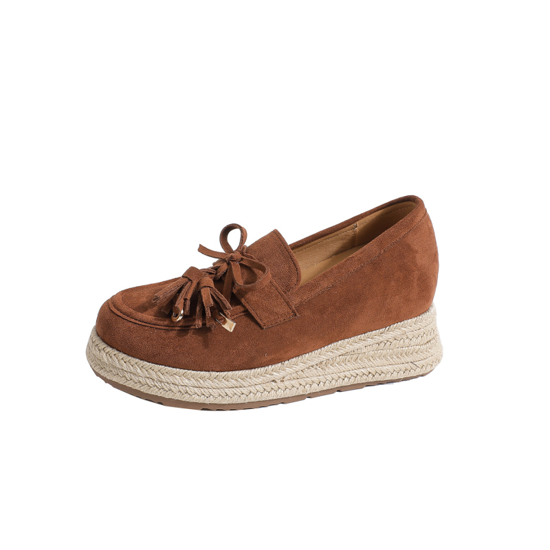 Ženske loaferice s klinom, gornji dio od nubuka, okrugli vrh, slip-on, povećanje visine za 9 cm, ribarski stil s jutenom užadi