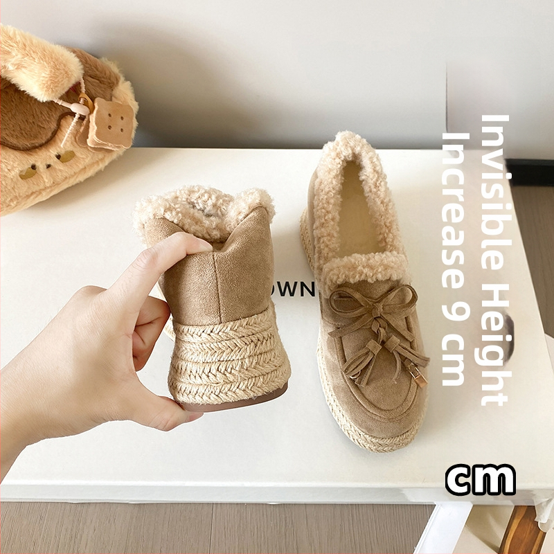 Ženske loaferice s klinom, gornji dio od nubuka, okrugli vrh, slip-on, povećanje visine za 9 cm, ribarski stil s jutenom užadi
