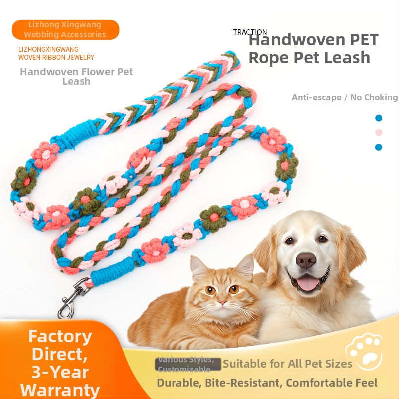 Ručni pleteni kaiš za pse s cvjetnim uzorkom, protuklizan, siguran za ruke, fiksne duljine, pamuk