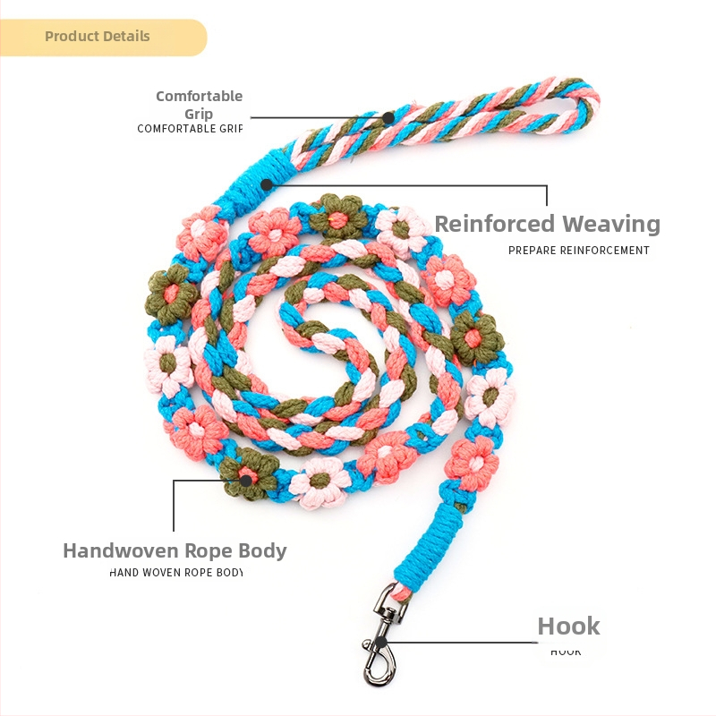 Ručni pleteni kaiš za pse s cvjetnim uzorkom, protuklizan, siguran za ruke, fiksne duljine, pamuk