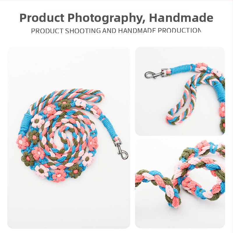 Ručni pleteni kaiš za pse s cvjetnim uzorkom, protuklizan, siguran za ruke, fiksne duljine, pamuk