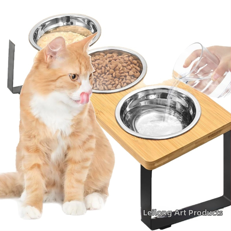 Ξύλινο Ράφι Για Πιάτα Γάτας Με Κεκλιμένο Σχέδιο, Αντι-Ανατροπή, Χειροκίνητη Τροφοδοσία