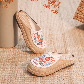 Muške etničke papuče s izvezenim uzorkom, gornji dio od pamuka, postava od lana, potplat od TPR-a, slip-on