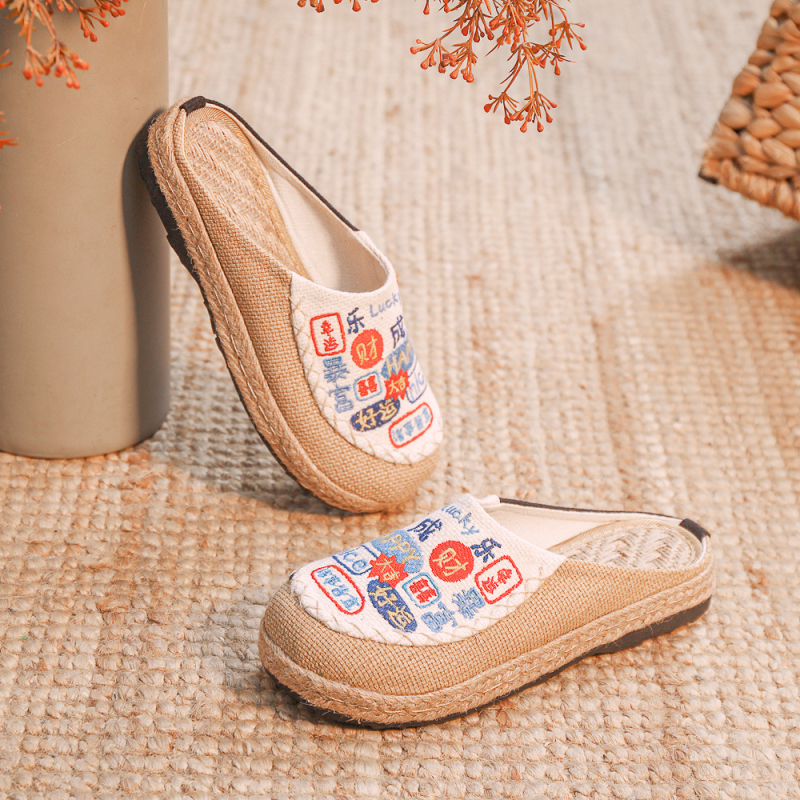 Muške etničke papuče s izvezenim uzorkom, gornji dio od pamuka, postava od lana, potplat od TPR-a, slip-on