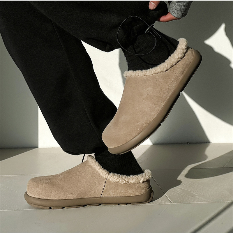 Zimske pahuljaste papuče za odrasle, slip-on s zatvorenim prstom, gornji dio od nubuk kože bivola, gumeni taban, vulkanizirana tehnologija