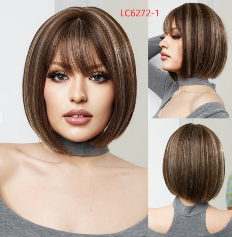 Perika: kratka ravna kosa s šiškama, model LC2067, vlakna otporna na toplinu, za žene