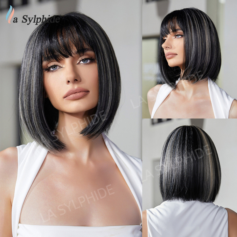 Perika: kratka ravna kosa s šiškama, model LC2067, vlakna otporna na toplinu, za žene