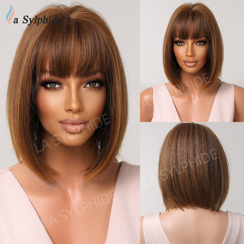 Perika: kratka ravna kosa s šiškama, model LC2067, vlakna otporna na toplinu, za žene