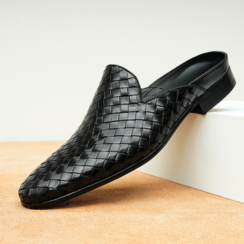 Baotou мъжки чехли - горна част естествена кожа, подметка гума, плетени полупантофи, корейски стил, делови стил