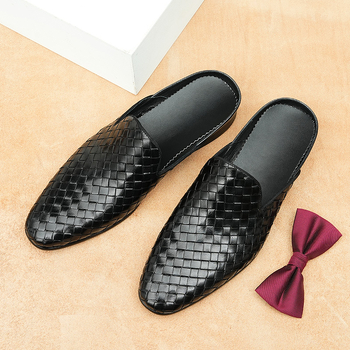 Baotou мъжки чехли - горна част естествена кожа, подметка гума, плетени полупантофи, корейски стил, делови стил