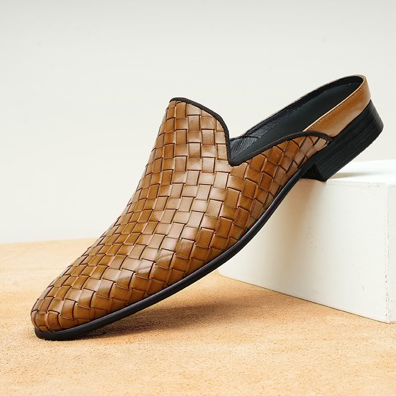 Baotou мъжки чехли - горна част естествена кожа, подметка гума, плетени полупантофи, корейски стил, делови стил