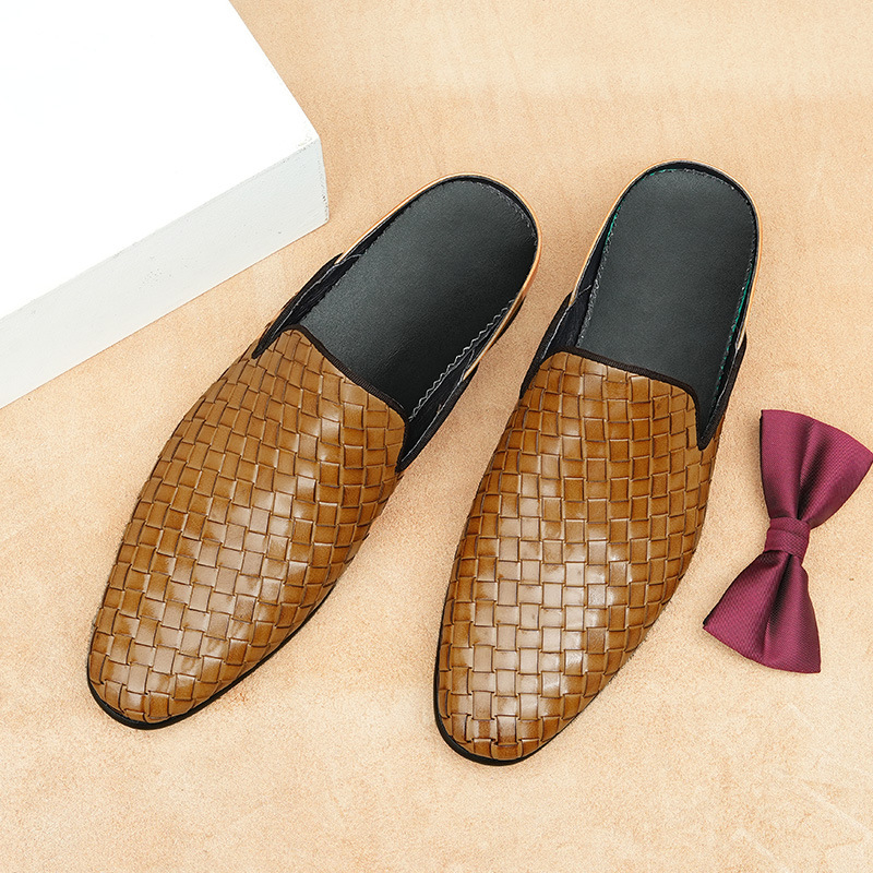 Baotou мъжки чехли - горна част естествена кожа, подметка гума, плетени полупантофи, корейски стил, делови стил