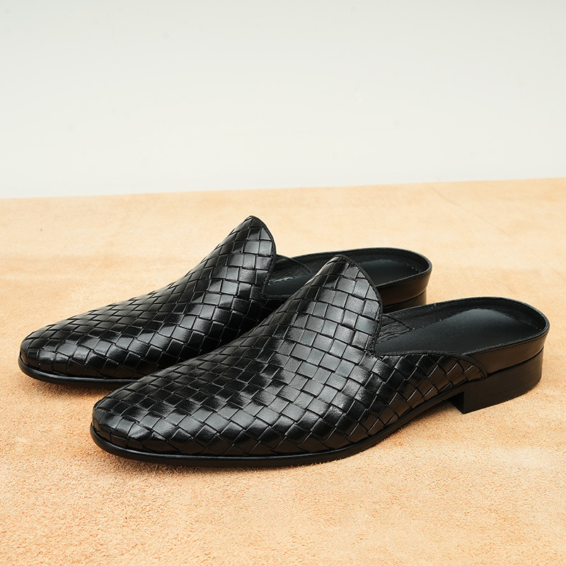 Baotou мъжки чехли - горна част естествена кожа, подметка гума, плетени полупантофи, корейски стил, делови стил