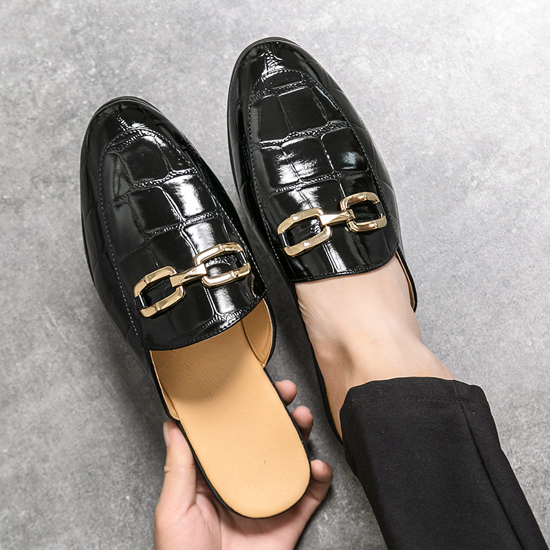 Muške kožne slip-on papuče, casual, zatvoren prst, gumeni potplat, reljefna obrada, ljeto 2025