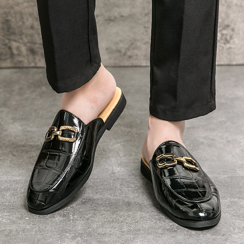 Muške kožne slip-on papuče, casual, zatvoren prst, gumeni potplat, reljefna obrada, ljeto 2025
