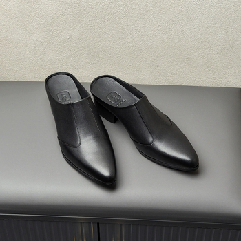 Мъжки чехли със затворен нос, говежда кожа на горната част, каучукова подметка, без връзки, 5 см повишаване на височината