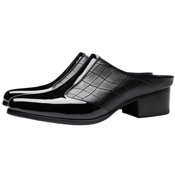 Мъжки чехли със затворен нос, говежда кожа на горната част, каучукова подметка, без връзки, 5 см повишаване на височината