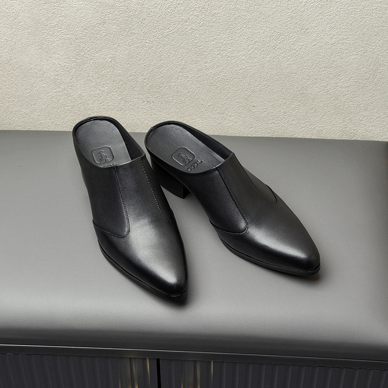 Мъжки чехли със затворен нос, говежда кожа на горната част, каучукова подметка, без връзки, 5 см повишаване на височината