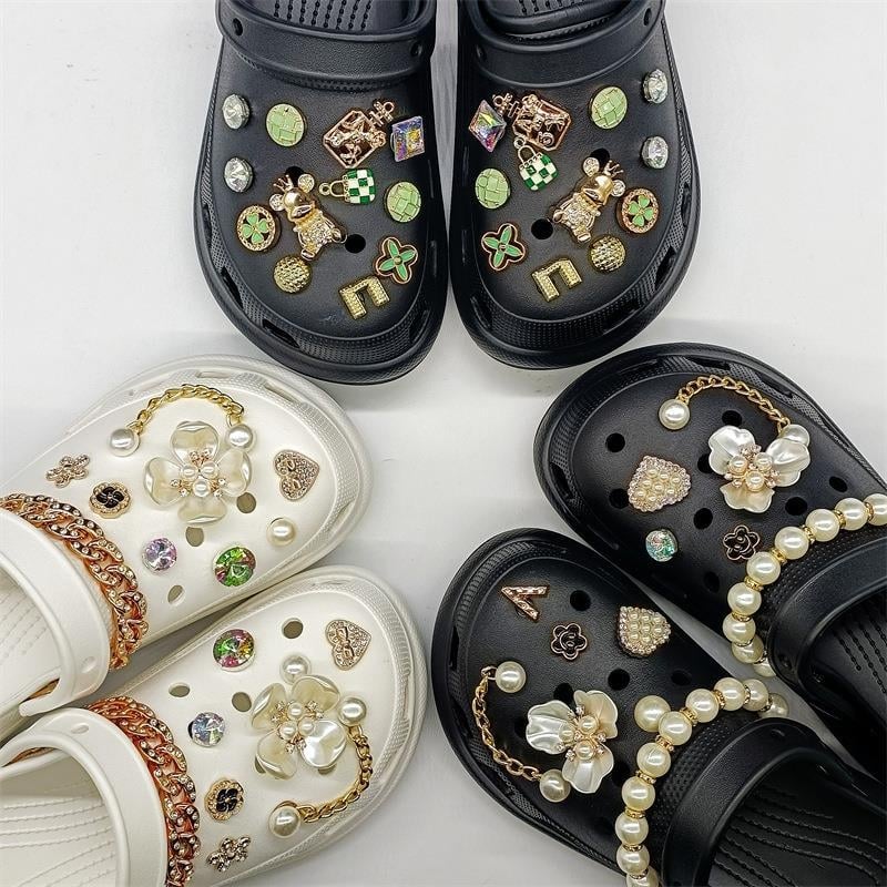 Set dodataka za obuće: perljin cvijet i rhinestone lančić s uklonjivom kopčom za sandale, casual cipele i papuče — Stilovi: Pearl Flower, Rhinestone Flower, Green; Modeli: Accessories-Pearl Flower, Rhinestone Flower, Green