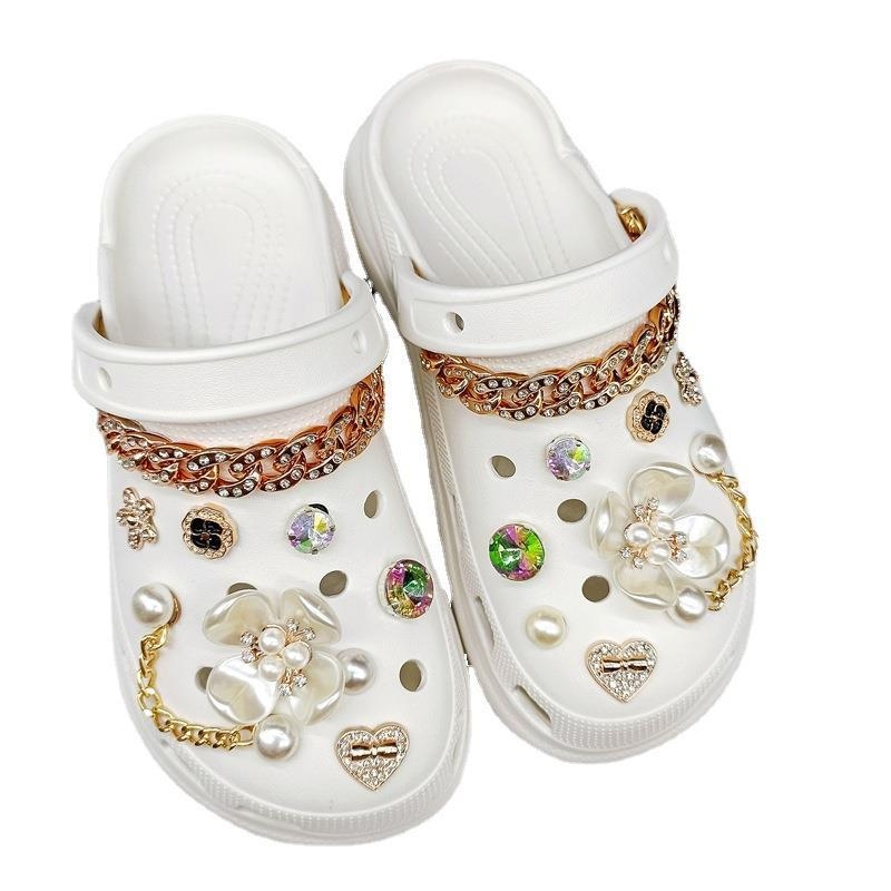 Set dodataka za obuće: perljin cvijet i rhinestone lančić s uklonjivom kopčom za sandale, casual cipele i papuče — Stilovi: Pearl Flower, Rhinestone Flower, Green; Modeli: Accessories-Pearl Flower, Rhinestone Flower, Green