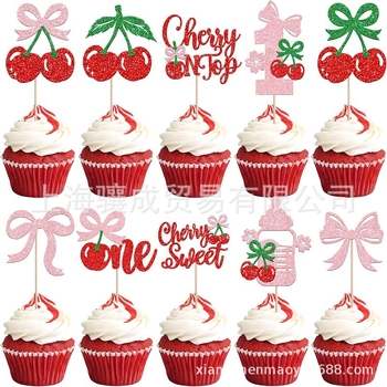 Decorațiuni pentru tort – cireșe cu sclipici, față dublă, 30 buc., inserții din hârtie pentru pahare, pentru prima zi de naștere