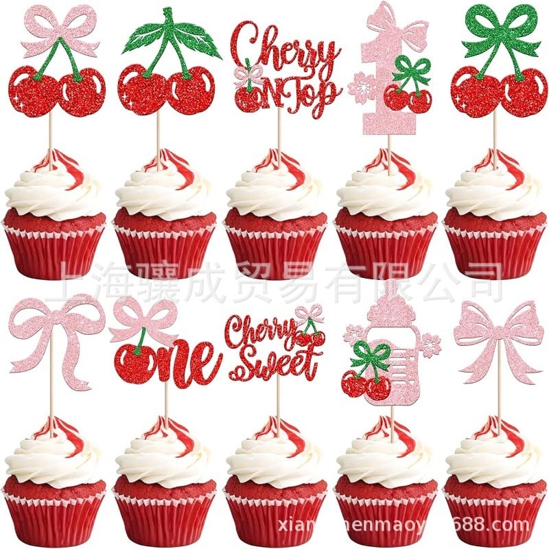 Decorațiuni pentru tort – cireșe cu sclipici, față dublă, 30 buc., inserții din hârtie pentru pahare, pentru prima zi de naștere