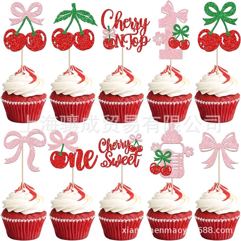 Decorațiuni pentru tort – cireșe cu sclipici, față dublă, 30 buc., inserții din hârtie pentru pahare, pentru prima zi de naștere