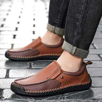 Мъжки кожени мокасини с връзки, гумена подметка, кръгъл нос, нисък клиновиден ток, EVA стелка