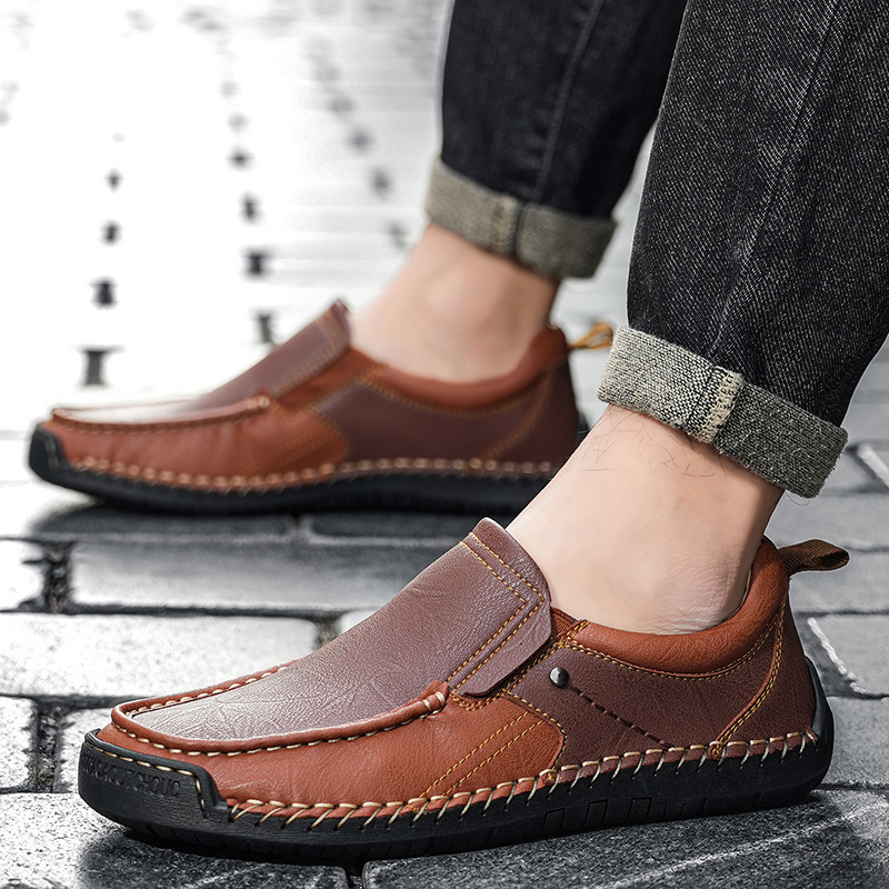 Мъжки кожени мокасини с връзки, гумена подметка, кръгъл нос, нисък клиновиден ток, EVA стелка