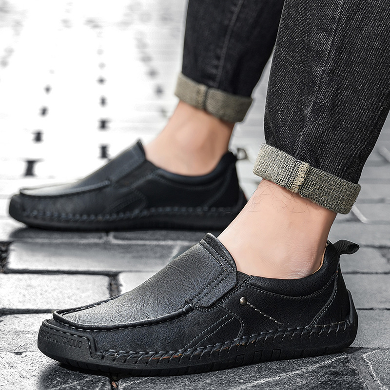 Мъжки кожени мокасини с връзки, гумена подметка, кръгъл нос, нисък клиновиден ток, EVA стелка