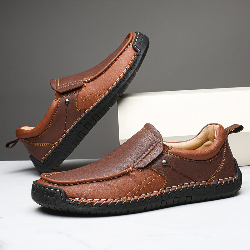 Мъжки кожени мокасини с връзки, гумена подметка, кръгъл нос, нисък клиновиден ток, EVA стелка