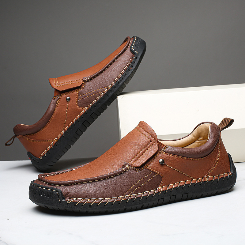 Мъжки кожени мокасини с връзки, гумена подметка, кръгъл нос, нисък клиновиден ток, EVA стелка