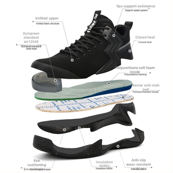 Cipele za sigurnost na radu s čeličnim prstom, otporne na udarce i probijanje, srednji gornji dio, Flyknit gornji dio, MD gumeni đon