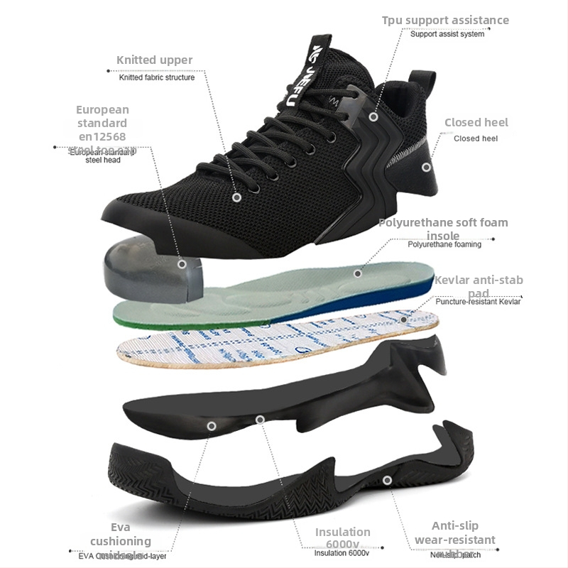 Cipele za sigurnost na radu s čeličnim prstom, otporne na udarce i probijanje, srednji gornji dio, Flyknit gornji dio, MD gumeni đon