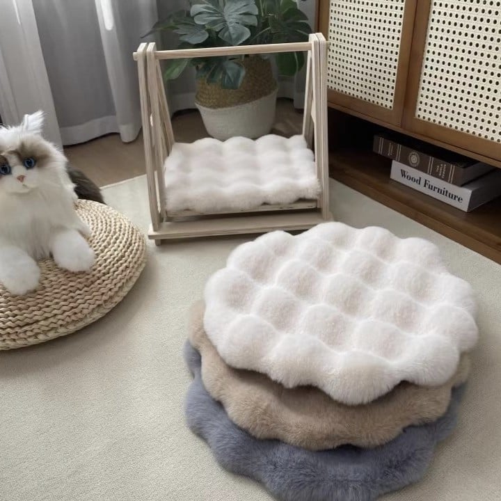 Κυκλικό μαξιλαράκι σκύλου από συνθετική γούνα κουνελιού, πλένεται, εύκολο στην εγκατάσταση