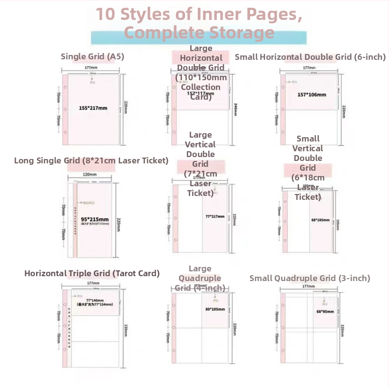 Veľká vnútorná strana kartového albumu — PP vnútorné strany, 10 listov, kompatibilné s tromi alebo šiestimi dierami