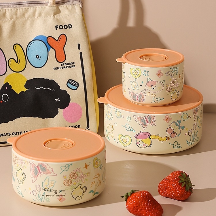 Κουτί γεύματος – κεραμικό, σφραγισμένο και διατηρεί τη φρεσκάδα, σετ τριών τεμαχίων με καπάκι; χωρητικότητα κάτω από 300 ml; μονό επίπεδο; μη ηλεκτρικό; μάρκα Suqian