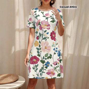 Rochie de damă tip A-line, poliester, imprimeu floral, imprimare digitală 3D, lungime medie, mâneci scurte