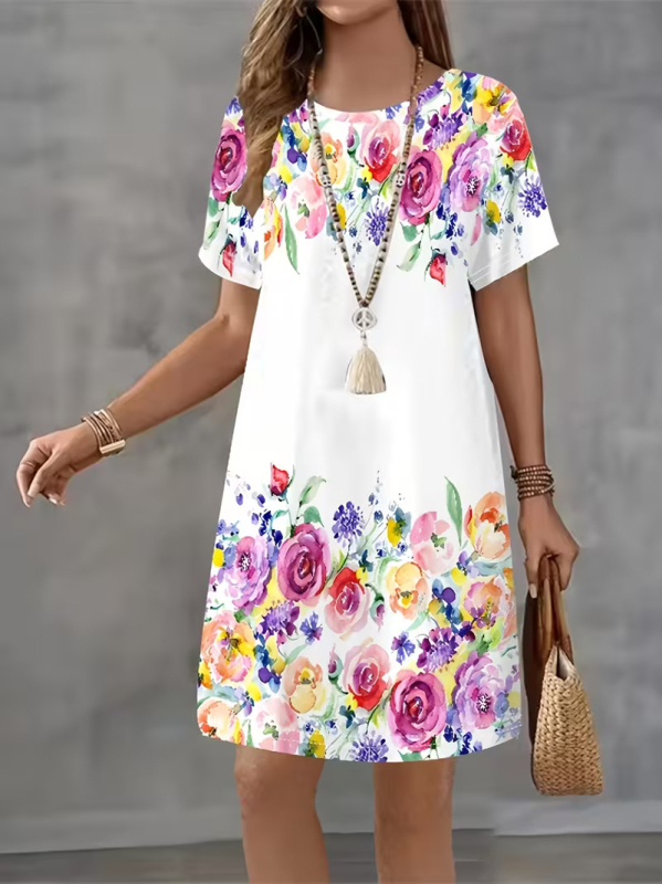 Rochie de damă tip A-line, poliester, imprimeu floral, imprimare digitală 3D, lungime medie, mâneci scurte