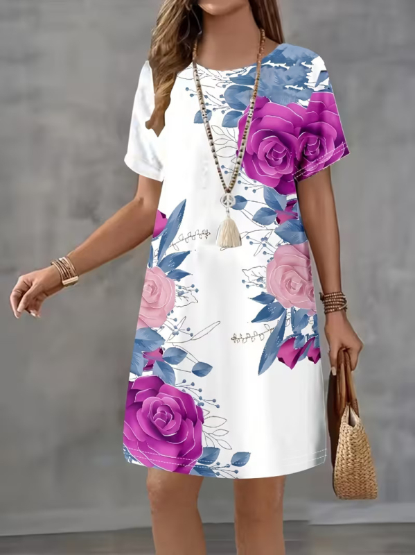 Rochie de damă tip A-line, poliester, imprimeu floral, imprimare digitală 3D, lungime medie, mâneci scurte