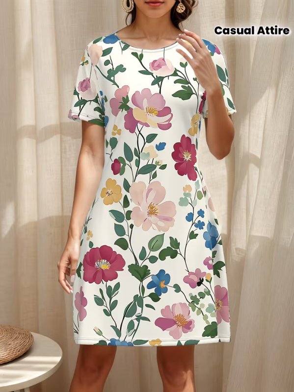 Rochie de damă tip A-line, poliester, imprimeu floral, imprimare digitală 3D, lungime medie, mâneci scurte