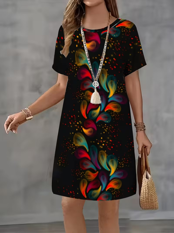 Rochie de damă tip A-line, poliester, imprimeu floral, imprimare digitală 3D, lungime medie, mâneci scurte